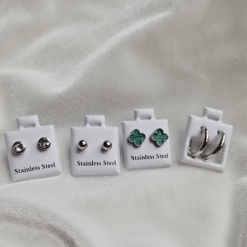 Lot of 4 Stainless Steel Green Clover Silver Hoop Earrings Rhinestones Studs
